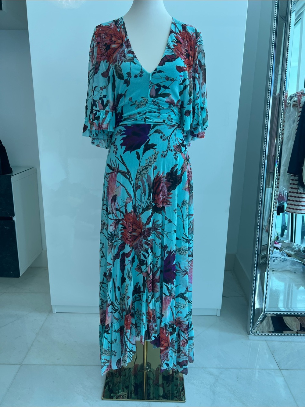 FUZZI Italy Aqua Floral Mesh Ruffle Sleeve V-Neck Maxi Dress S